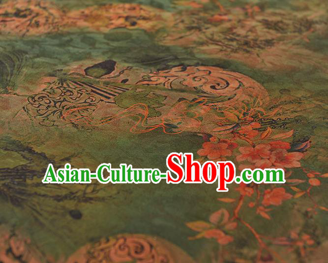 Chinese Traditional Cheongsam Cloth Material Classical Peach Blossom Pattern Gambiered Guangdong Gauze Deep Green Silk Fabric