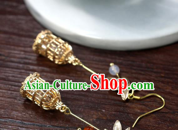 Handmade Chinese National Golden Birdcage Earrings Traditional Cheongsam Classical Ear Accessories