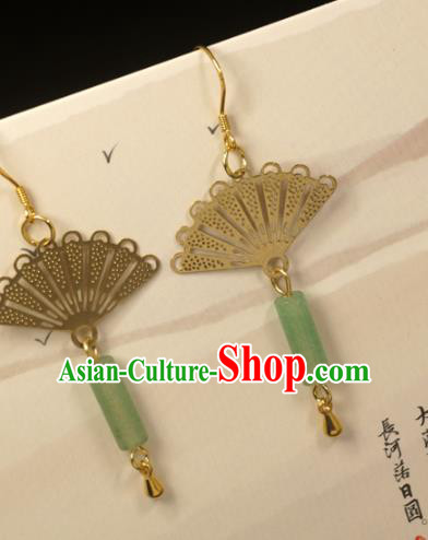 Handmade Chinese National Jade Tassel Earrings Traditional Cheongsam Classical Golden Fan Ear Accessories