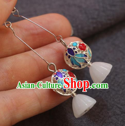 Handmade Traditional White Jade Lotus Seedpod Ear Accessories Chinese National Blueing Goldfish Earrings