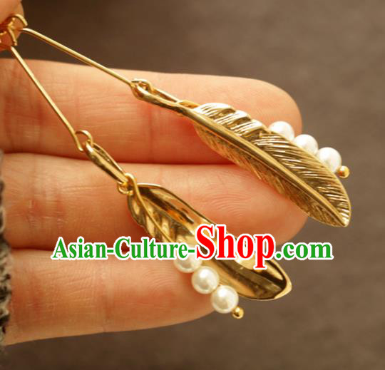 Handmade Traditional Classical Cheongsam Ear Accessories Chinese National Golden Leaf Earrings