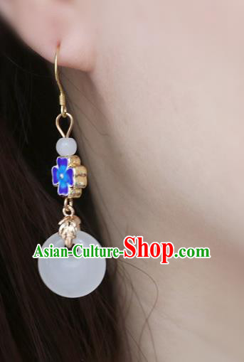Handmade Traditional Enamel Flower Ear Accessories Chinese National White Jade Ring Earrings