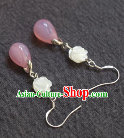 Handmade Traditional Shell Carving Rose Ear Accessories Chinese National Pink Water Drop Earrings