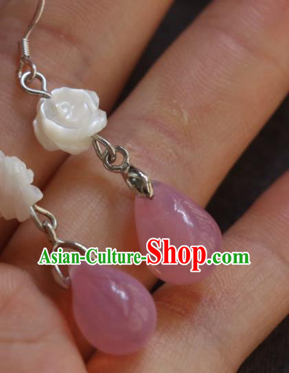 Handmade Traditional Shell Carving Rose Ear Accessories Chinese National Pink Water Drop Earrings