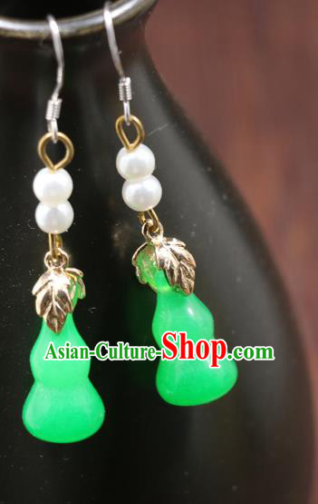 Handmade Traditional Green Jade Gourd Ear Accessories Chinese Hanfu Jewelry National Earrings