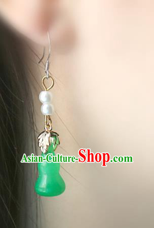 Handmade Traditional Green Jade Gourd Ear Accessories Chinese Hanfu Jewelry National Earrings
