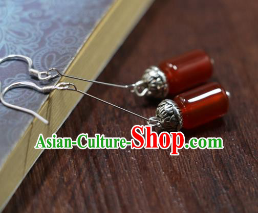 Handmade Traditional Silver Lotus Ear Accessories Chinese Hanfu Jewelry National Agate Earrings