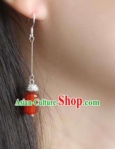 Handmade Traditional Silver Lotus Ear Accessories Chinese Hanfu Jewelry National Agate Earrings