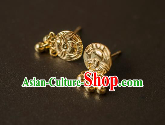 China Ancient Princess Golden Carving Crane Ear Jewelry Accessories Traditional Tang Dynasty Empress Earrings