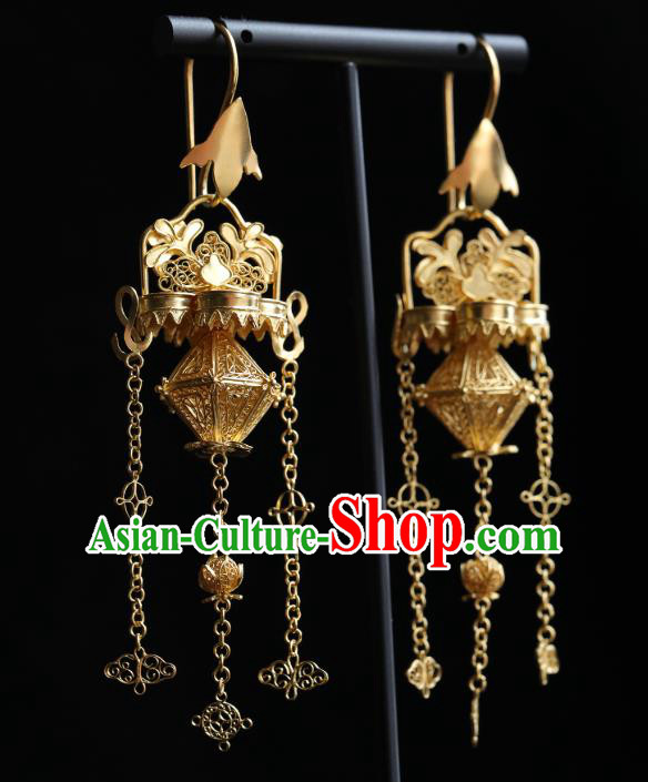 Handmade Chinese Traditional Ming Dynasty Tassel Ear Accessories Jewelry Ancient Court Empress Golden Earrings