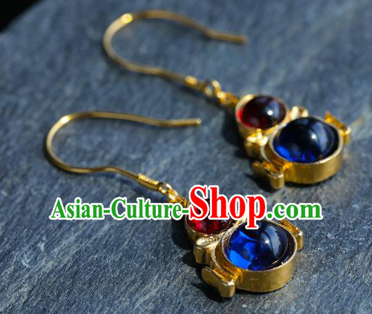 Handmade Chinese Traditional Ming Dynasty Ear Accessories Gems Jewelry Ancient Court Empress Golden Gourd Earrings