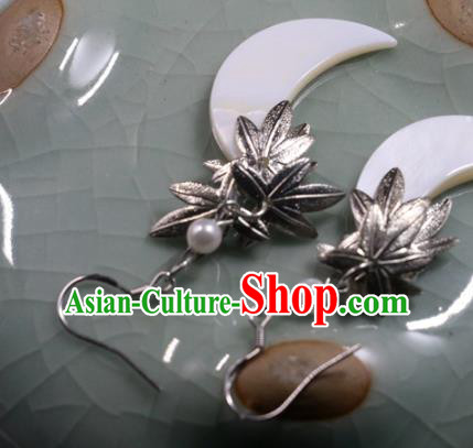 Handmade Traditional Shell Moon Ear Accessories Chinese National Silver Maple Leaf Earrings