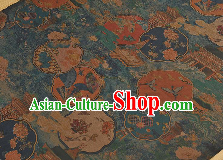 Top Grade Silk Drapery Cheongsam Fabric Chinese Traditional Palace Fan Pattern Blue Gambiered Guangdong Gauze