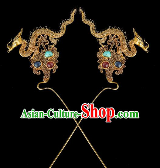 China Traditional Palace Hair Accessories Handmade Ancient Empress Tassel Hair Sticks Ming Dynasty Golden Dragon Hairpins for Women