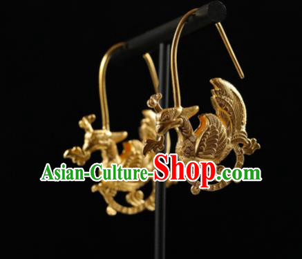 Handmade Chinese Traditional Ming Dynasty Ear Accessories Jewelry Ancient Court Empress Golden Phoenix Earrings