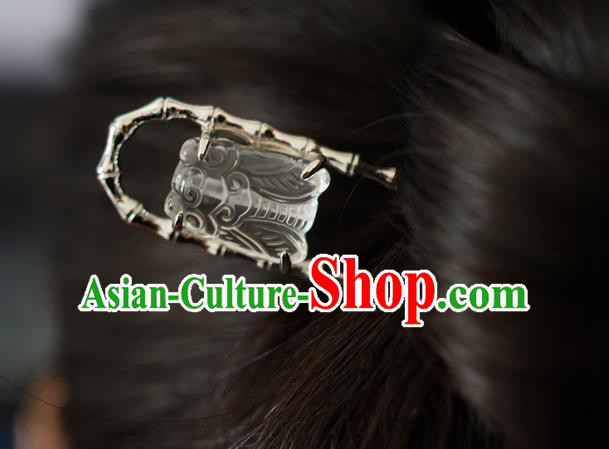 China Traditional Ancient Court Woman Hair Accessories Hanfu Argent Bamboo Hair Stick Ming Dynasty White Crystal Cicada Hairpin