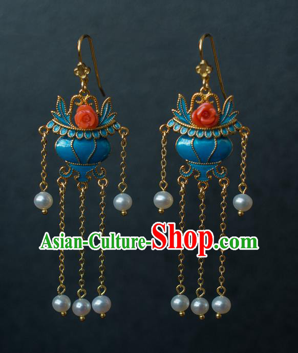 China Ancient Court Lady Blueing Ear Jewelry Accessories Traditional Qing Dynasty Tassel Earrings