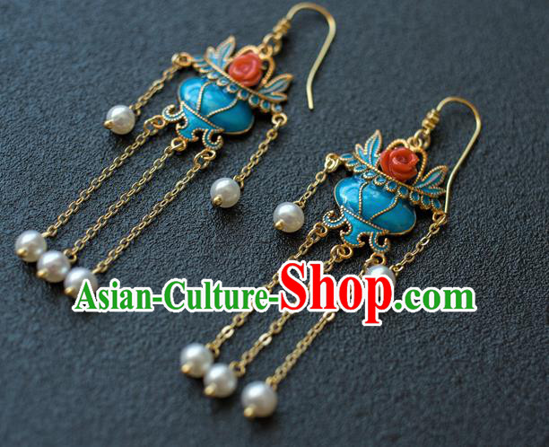 China Ancient Court Lady Blueing Ear Jewelry Accessories Traditional Qing Dynasty Tassel Earrings