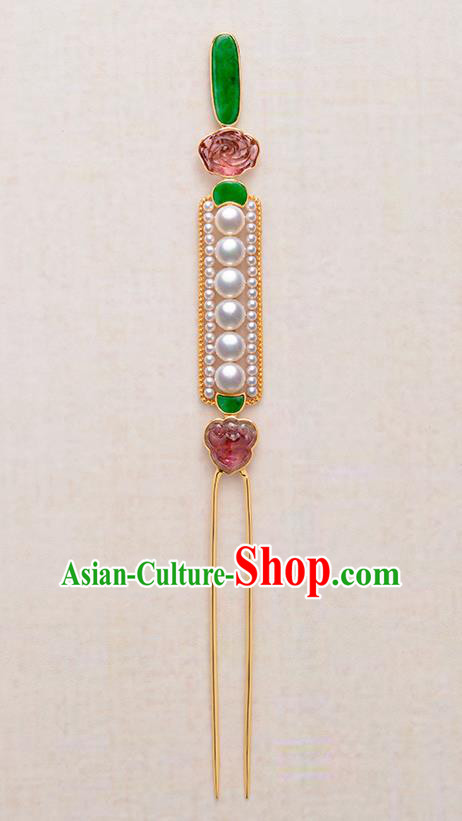 China Hanfu 18K Gold Hair Stick Traditional Ancient Imperial Concubine Hair Accessories Qing Dynasty Pearls Gems Hairpin