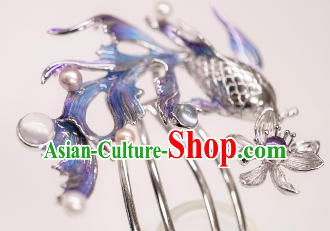 China Traditional Argent Lotus Fish Hair Comb Ancient Imperial Concubine Hairpin Qing Dynasty Court Hair Accessories
