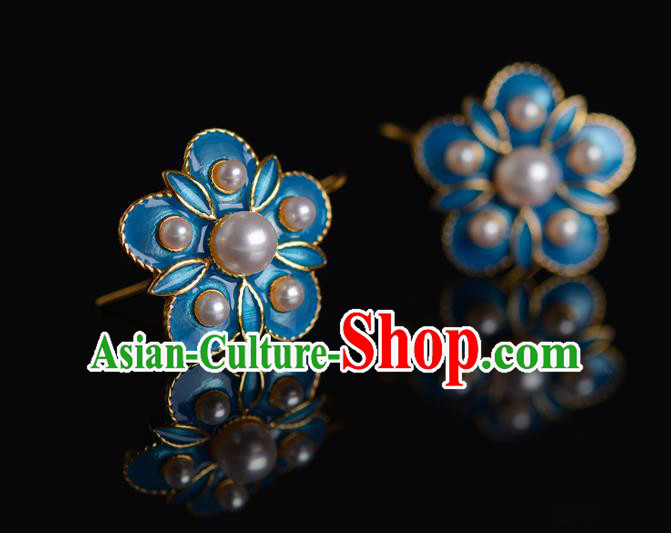 China Ancient Court Lady Pearls Ear Jewelry Accessories Traditional Qing Dynasty Enamel Plum Blossom Earrings