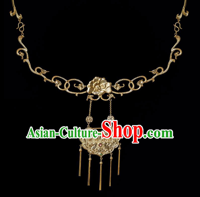 Chinese Traditional Ming Dynasty Gilding Longevity Lock Tassel Necklace Jewelry Ancient Noble Lady Gems Accessories