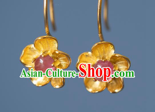 China Traditional Ming Dynasty Gilding Peach Blossom Earrings Ancient Court Lady Tourmaline Ear Jewelry