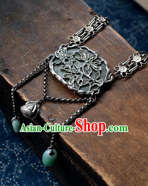 China Handmade National Silver Jewelry Accessories Traditional Jade Carving Lotus Necklace Pendant