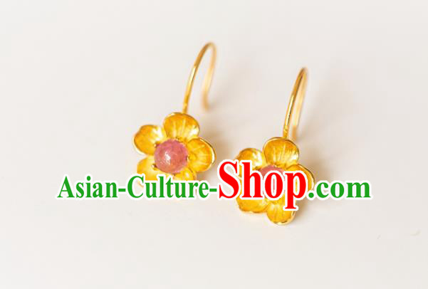China Traditional Ming Dynasty Gilding Peach Blossom Earrings Ancient Court Lady Tourmaline Ear Jewelry