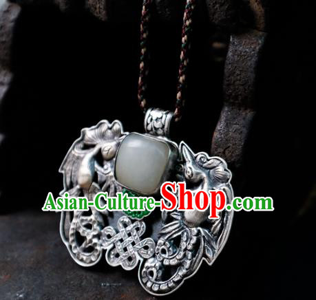 Handmade China Traditional Jade Necklace Accessories National Silver Carving Jewelry Pendant