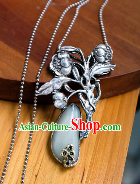 Handmade China Traditional White Jade Necklace Accessories National Silver Carving Flowers Jewelry Pendant