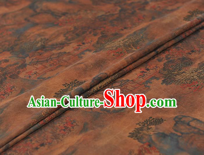 Top Silk Fabric Chinese Cheongsam Gambiered Guangdong Gauze Traditional Pavilion Pattern Brown Silk Drapery