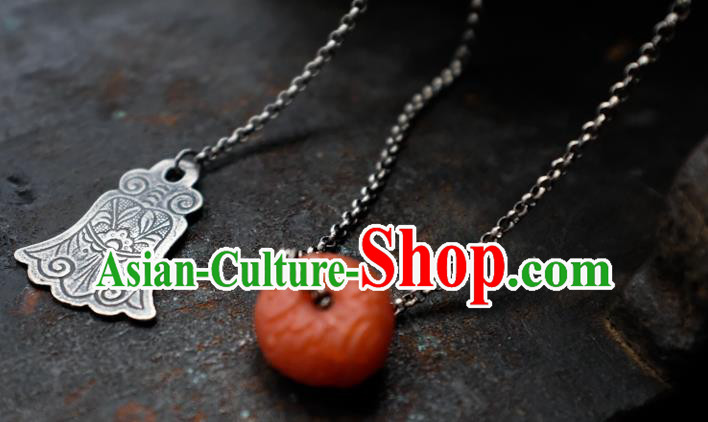 Handmade China Traditional Red Fish Necklace Pendant National Women Jewelry Silver Carving Accessories