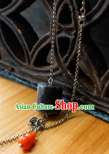 Handmade China Traditional Black Jade Necklace Pendant National Women Silver Jewelry Red Agate Gourd Accessories