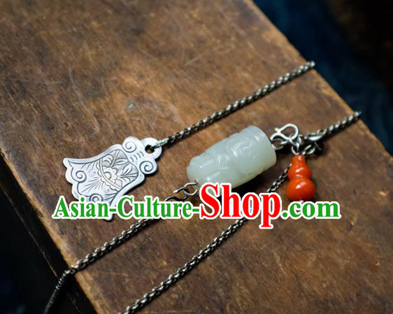 Handmade China Traditional White Jade Necklace Pendant National Women Red Agate Gourd Jewelry Silver Accessories
