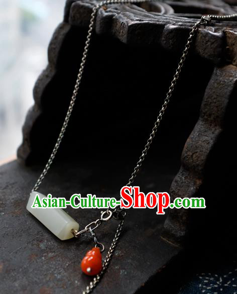Handmade China Silver Accessories National Women Red Agate Gourd Jewelry Traditional White Jade Necklace Pendant