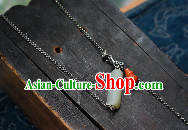 Handmade China Silver Accessories National Women Red Agate Gourd Jewelry Traditional White Jade Necklace Pendant