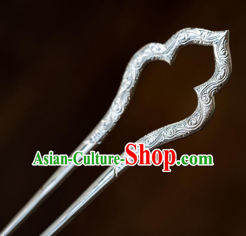 China Ancient Imperial Concubine Argent Hairpin Court Hair Accessories Traditional Tang Dynasty Carving Hair Stick