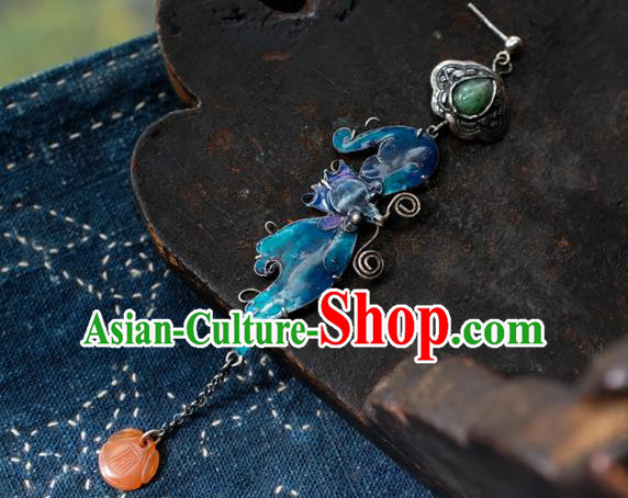 China National Blueing Bat Earrings Traditional Jade Jewelry Handmade Silver Ear Accessories