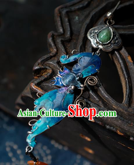 China National Blueing Bat Earrings Traditional Jade Jewelry Handmade Silver Ear Accessories