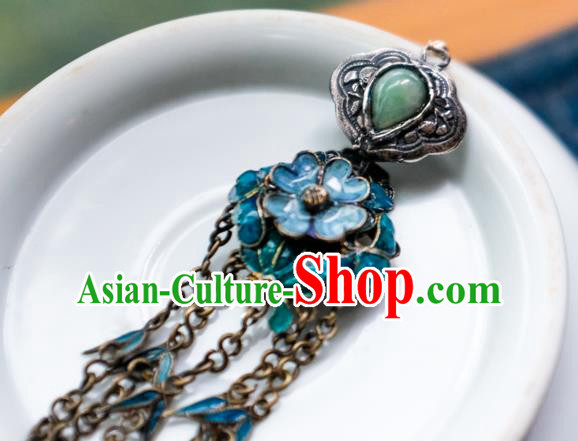China Traditional Jade Jewelry Handmade Silver Tassel Ear Accessories National Blueing Flowers Earrings