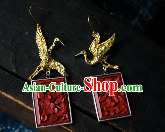China Handmade Golden Crane Ear Accessories National Earrings Traditional Vermilion Seal Jewelry