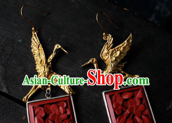 China Handmade Golden Crane Ear Accessories National Earrings Traditional Vermilion Seal Jewelry