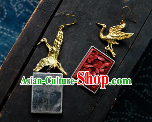 China Handmade Golden Crane Ear Accessories National Earrings Traditional Vermilion Seal Jewelry
