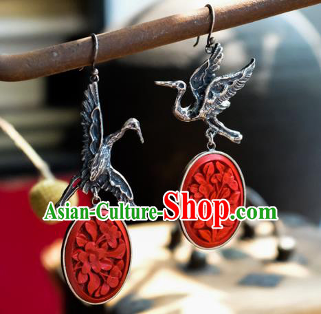 China Handmade Carved Lacquerware Ear Accessories National Earrings Traditional Silver Crane Jewelry