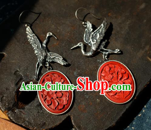 China Handmade Carved Lacquerware Ear Accessories National Earrings Traditional Silver Crane Jewelry