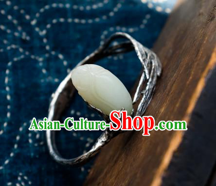 Chinese Traditional White Jade Mangnolia Jewelry Handmade Silver Bracelet Accessories