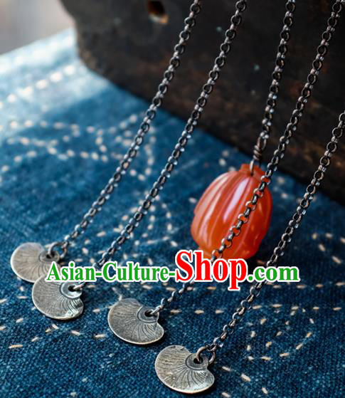 Handmade China Agate Tassel Accessories National Women Jewelry Traditional Silver Carving Necklace Pendant