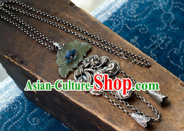 Handmade China Jade Lotus Accessories Traditional Silver Carving Necklace Pendant National Women Jewelry