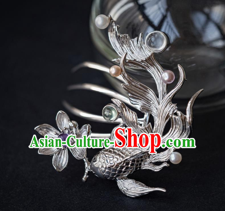 China Ancient Hanfu Argent Fish Lotus Hair Comb Traditional Ming Dynasty Empress Hairpin Court Hair Accessories
